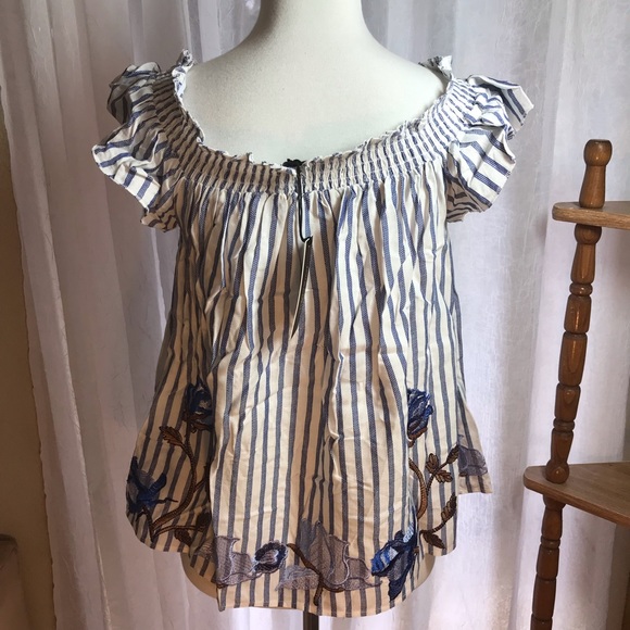 Romeo Juliet Top Shirt Blouse Floral Off Shoulder Peasant Striped Small Blue New - Picture 3 of 7